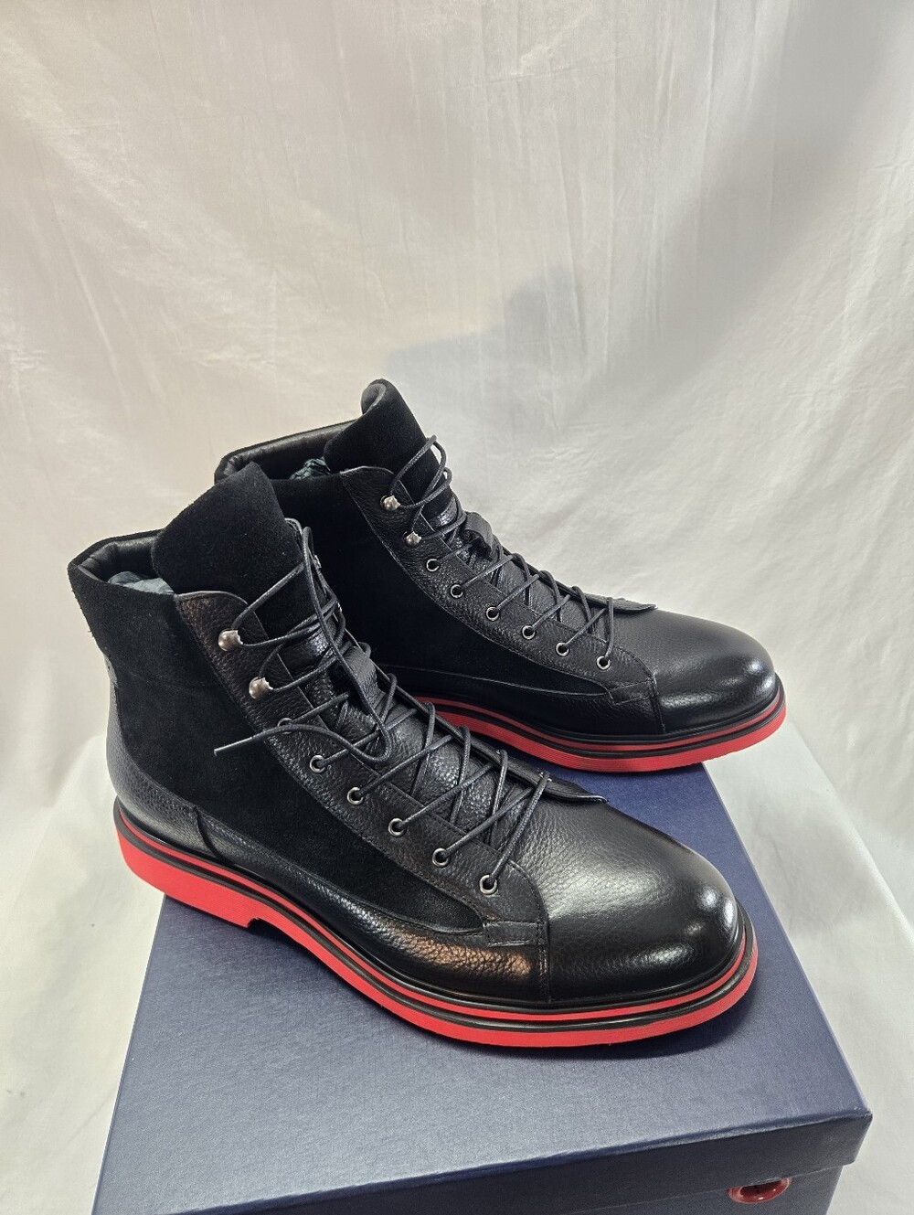 Marc Nolan Aiden Black Leather and Suede Combat Boots with Red Sole New - Picture 2 of 7